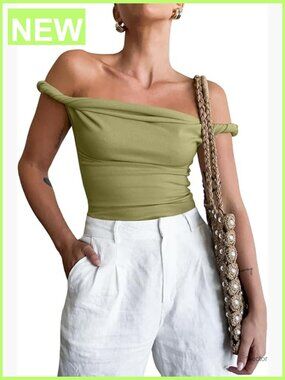 Off Shoulder Sleeveless Slim Fit Y2K Tank Top Stretchy Knit T-Shirt